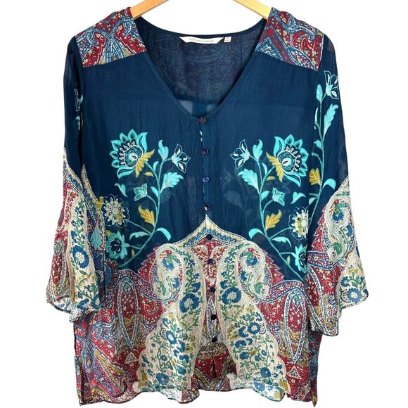 Soft Surroundings Boho Paisley Floral Sheer Chiffon Flowy Top Size PL - Picture 2 of 7